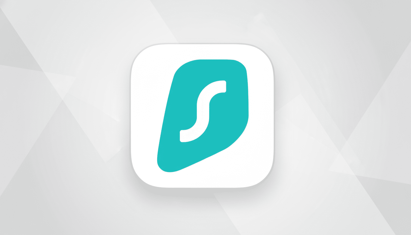 A 16:9 aspect ratio image featuring the Surfshark logo, a white stylized S on a teal irregular shape, within a white rounded square icon. The background is a professional flat design with soft gray geometric patterns.