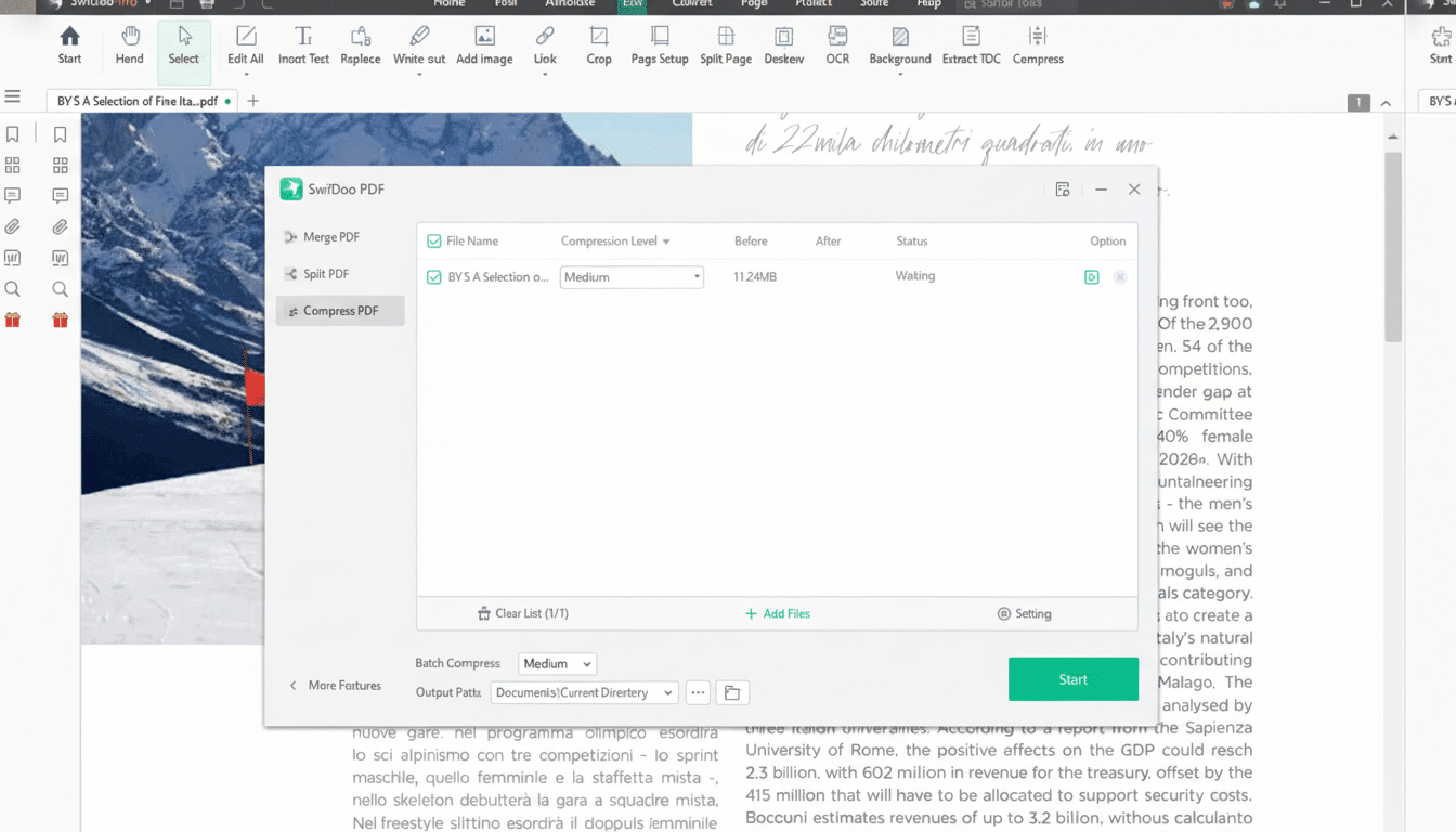 A screenshot of the SwifDoo PDF application showing a Compress PDF dialog box open over a document. The dialog box has options for merging, splitting, and compressing PDFs, with Compress PDF currently selected. It displays a file named BYS A Selection o... with a compression level set to Medium and a file size of 11.24MB. The status is Waiting, and theres an option to start the compression process. The background shows a PDF document with text and an image of mountains.