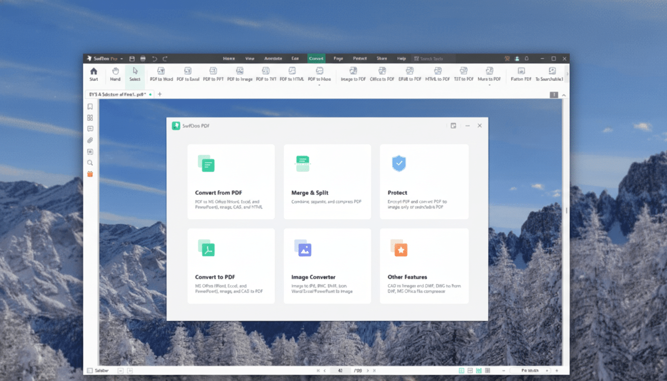A screenshot of the SwiftDoo PDF application interface, showing various PDF conversion and management options, set against a background of snowy mountains.