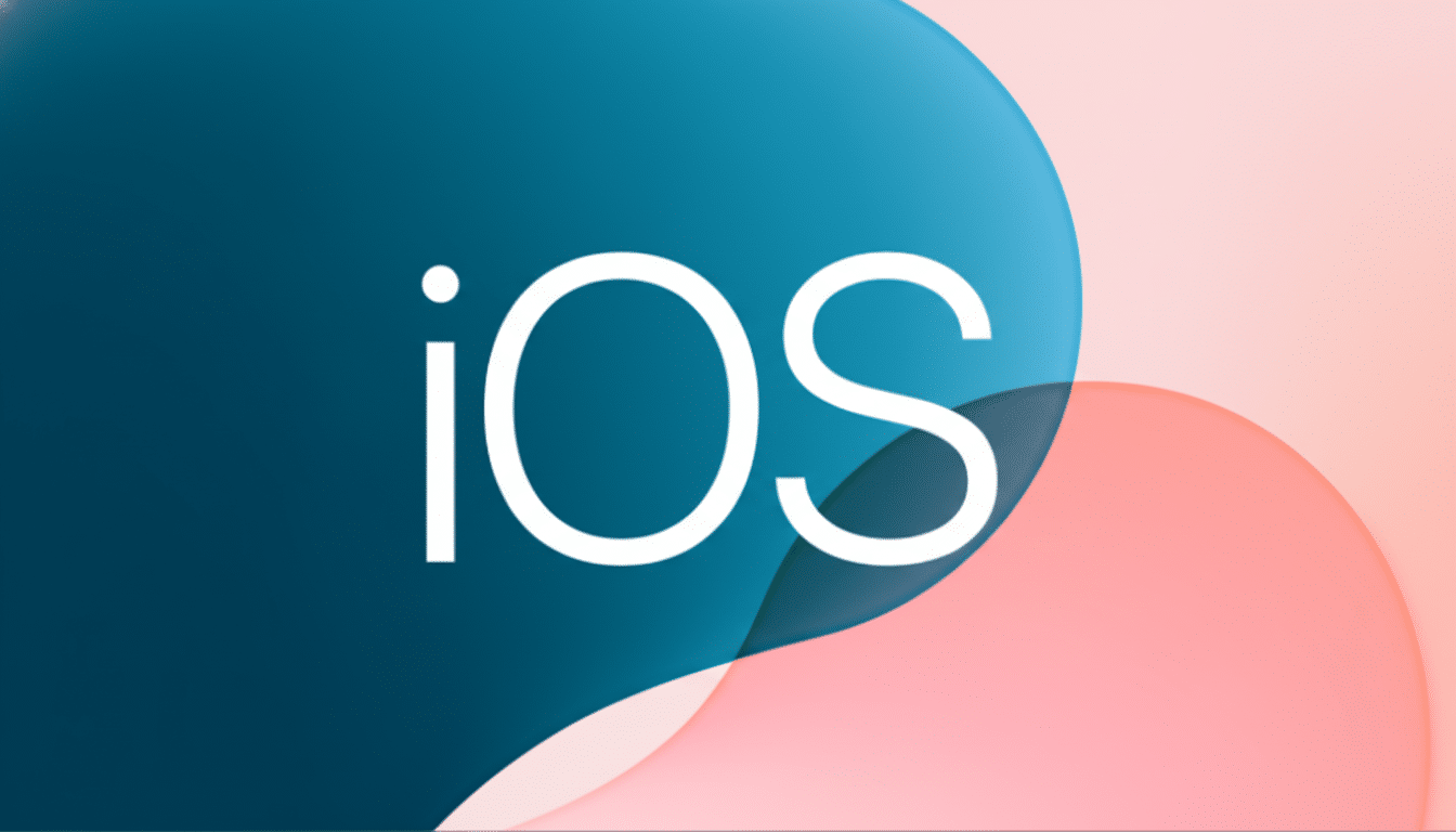 The iOS logo, featuring the white iOS text on a background of teal and pink abstract shapes, resized to a 16:9 aspect ratio.