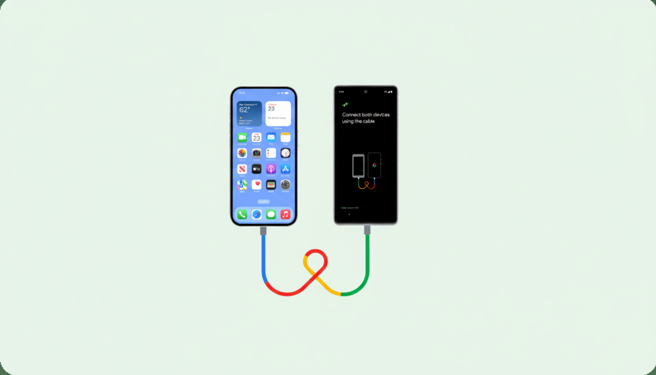 An iPhone and a Google Pixel phone connected by a colorful cable, demonstrating device connection.