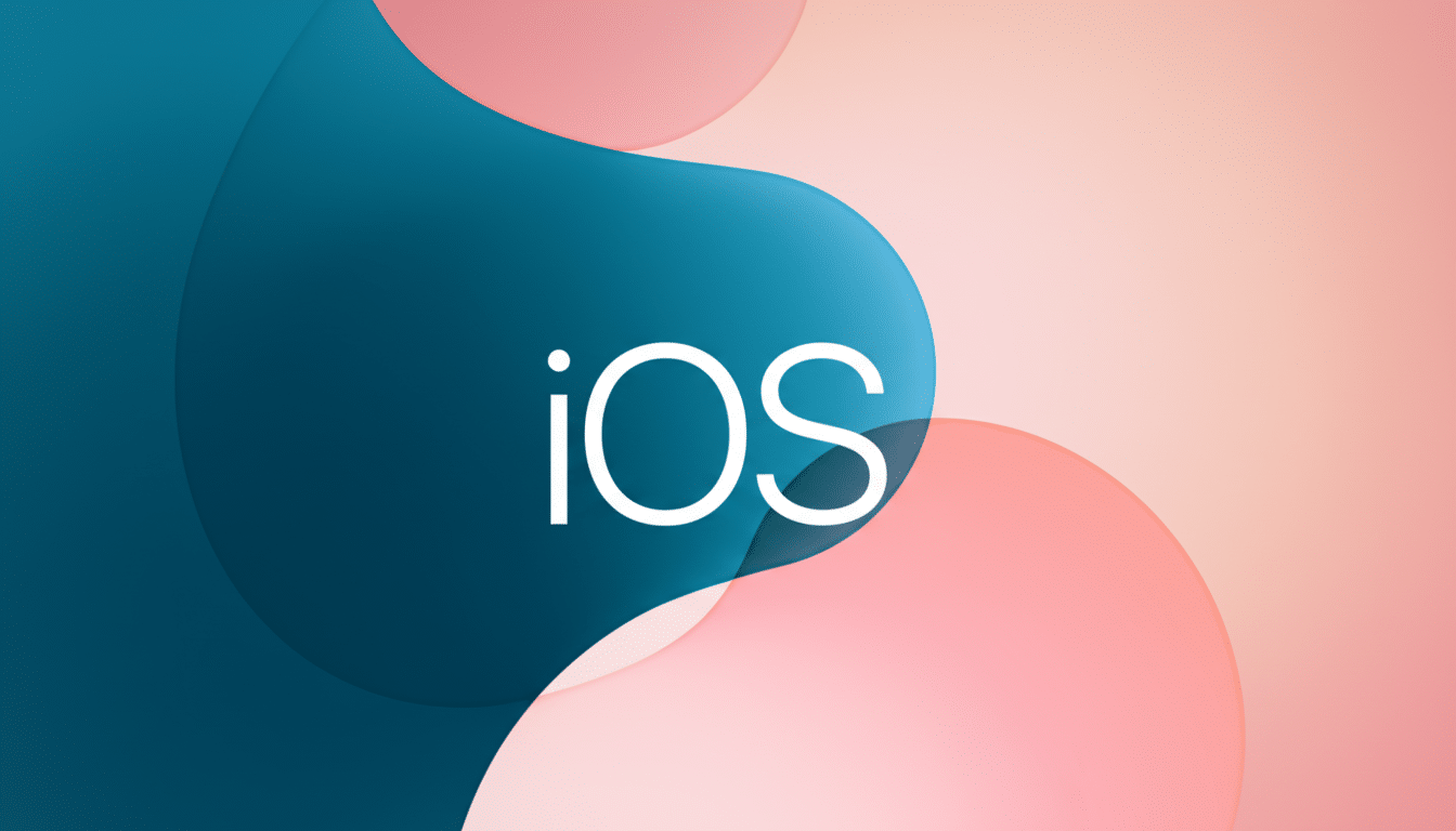 The iOS logo, featuring the word iOS in white, centered on a background of abstract, flowing shapes in teal and soft pink, resized to a 16:9 aspect ratio.
