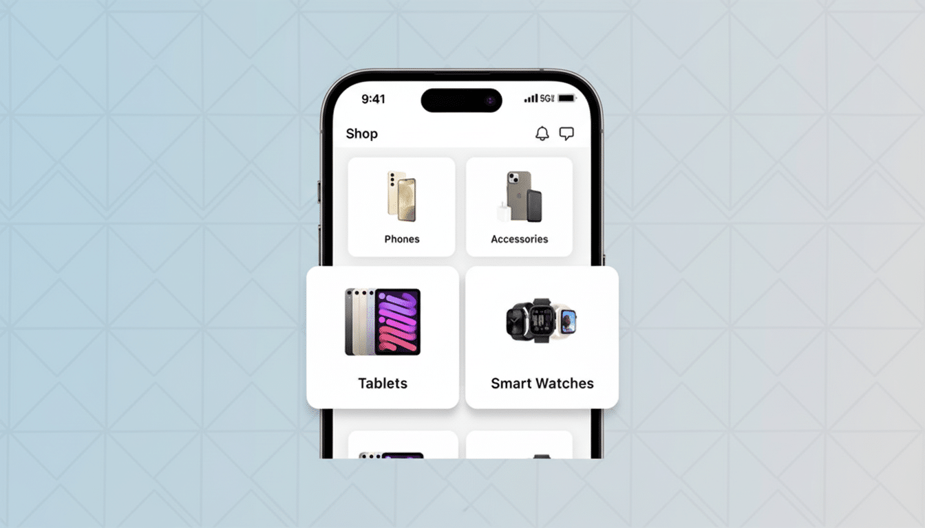 A smartphone displaying a shopping app interface with categories for Phones, Accessories, Tablets, and Smart Watches, set against a professional flat design background with soft patterns.