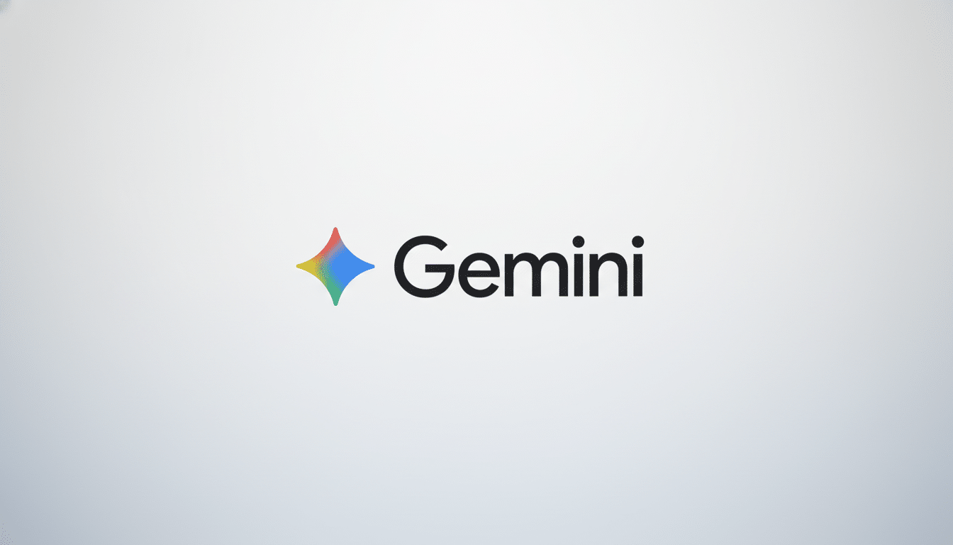 The Gemini logo, featuring a colorful, four-pointed star icon to the left of the word Gemini in black text, presented on a professional light gray background with a subtle gradient.