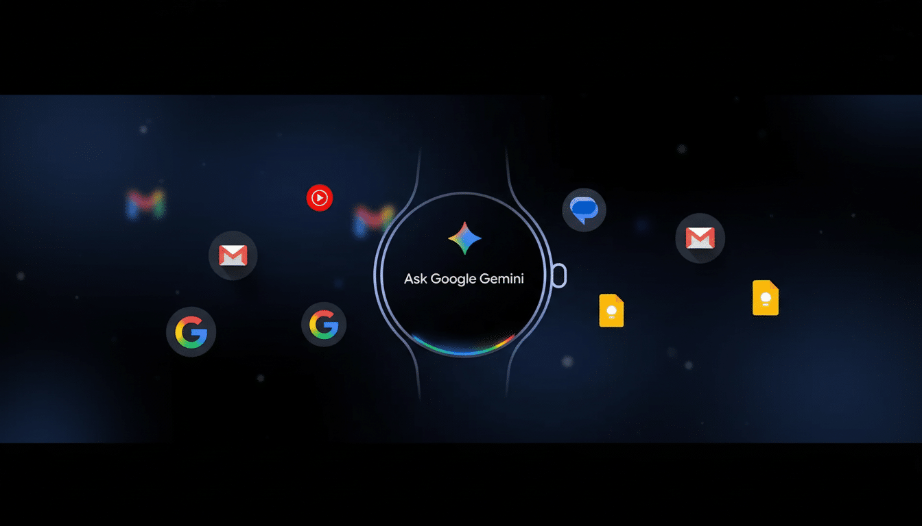 A Google Pixel Watch displaying Ask Google Gemini with various Google app icons floating around it on a dark, subtly patterned background.