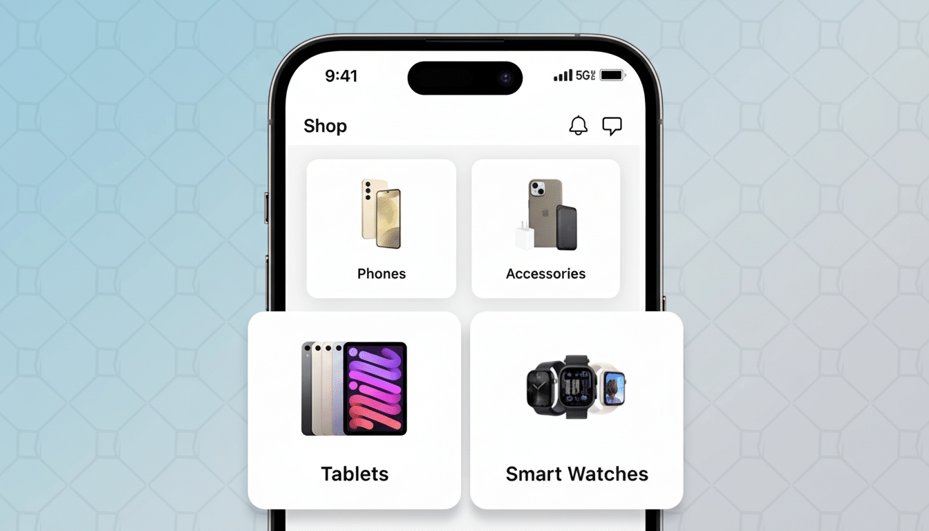 A smartphone screen displaying a shopping app interface with categories for Phones, Accessories, Tablets, and Smart Watches, set against a professional light blue background with a subtle geometric pattern.