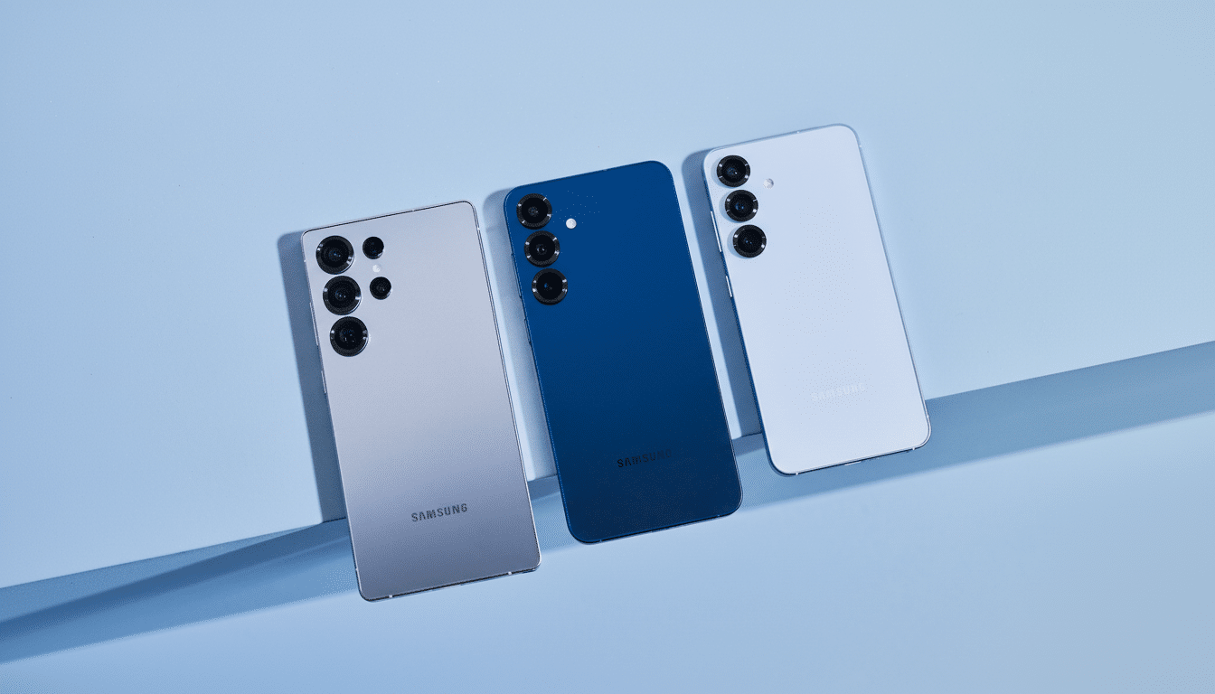 Three Samsung smartphones, one silver, one blue, and one light blue, are arranged diagonally on a light blue surface with a subtle shadow line.
