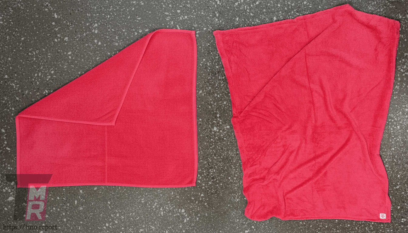 A red towel, folded in half, is placed on a dark gray, speckled surface.