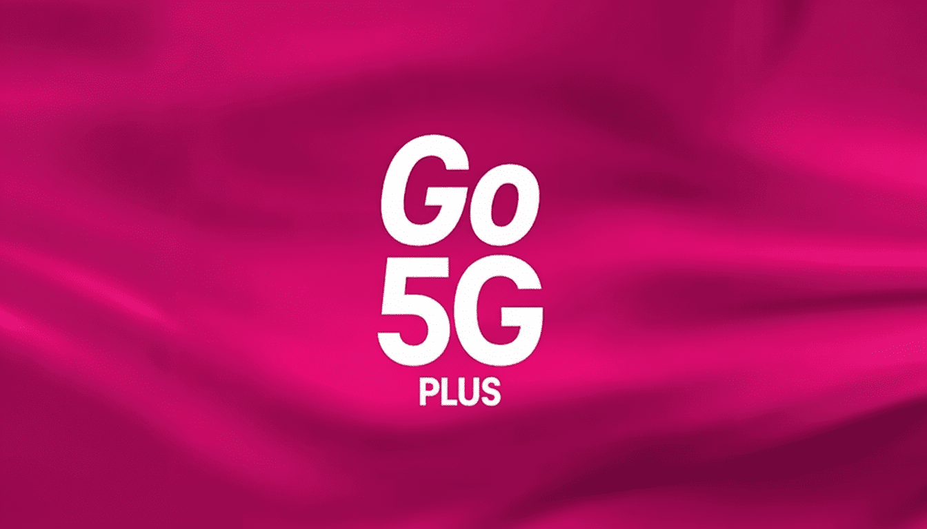 The Go 5G Plus logo in white text on a vibrant pink background with subtle fabric-like folds.