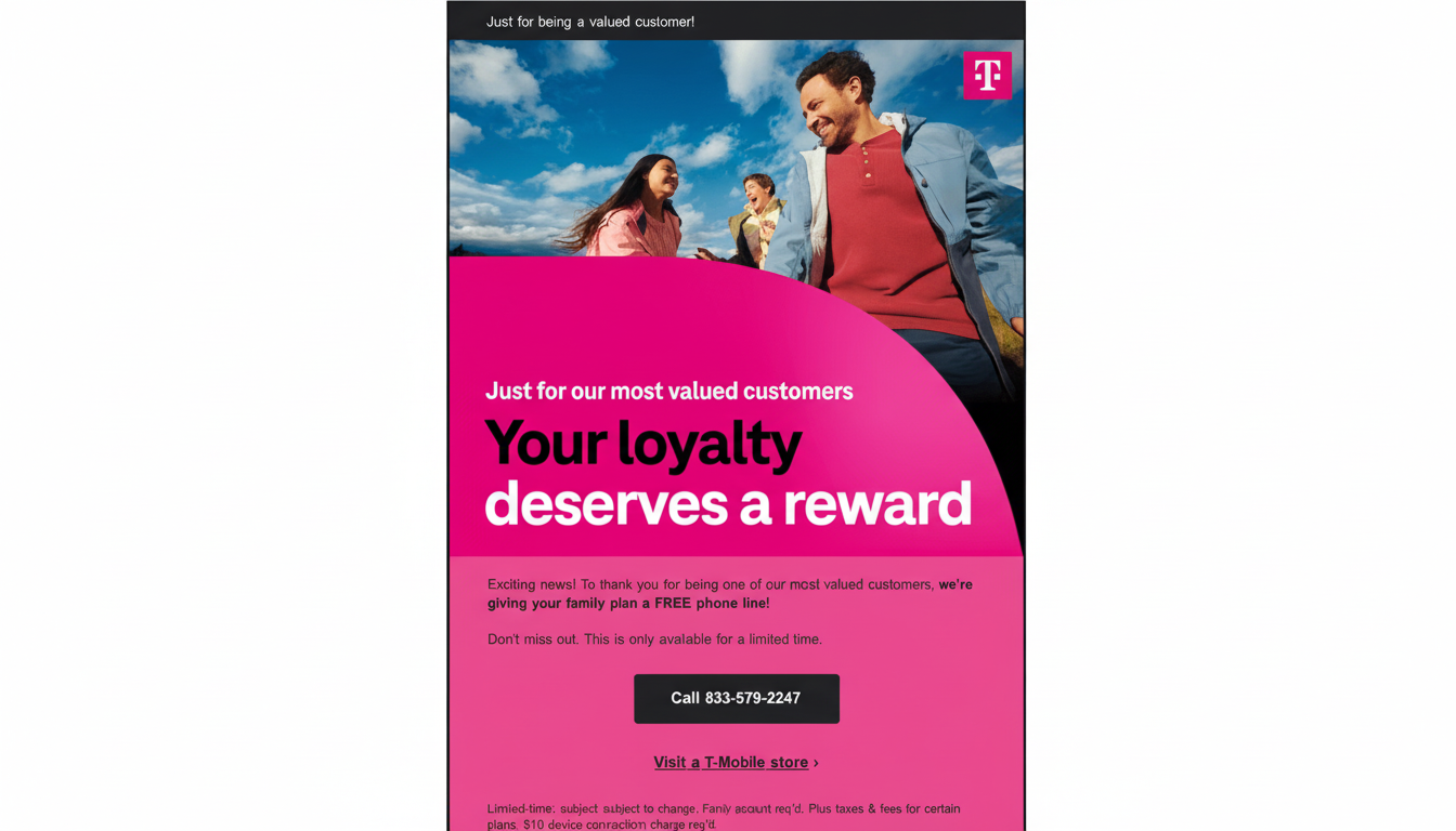 A T-Mobile promotional email with a 16:9 aspect ratio, featuring a diverse group of smiling people outdoors under a blue sky, with the T-Mobile logo in the top right. The email highlights a reward for valued customers, offering a free phone line for family plans, with a call-to-action button and a link to visit a T-Mobile store.
