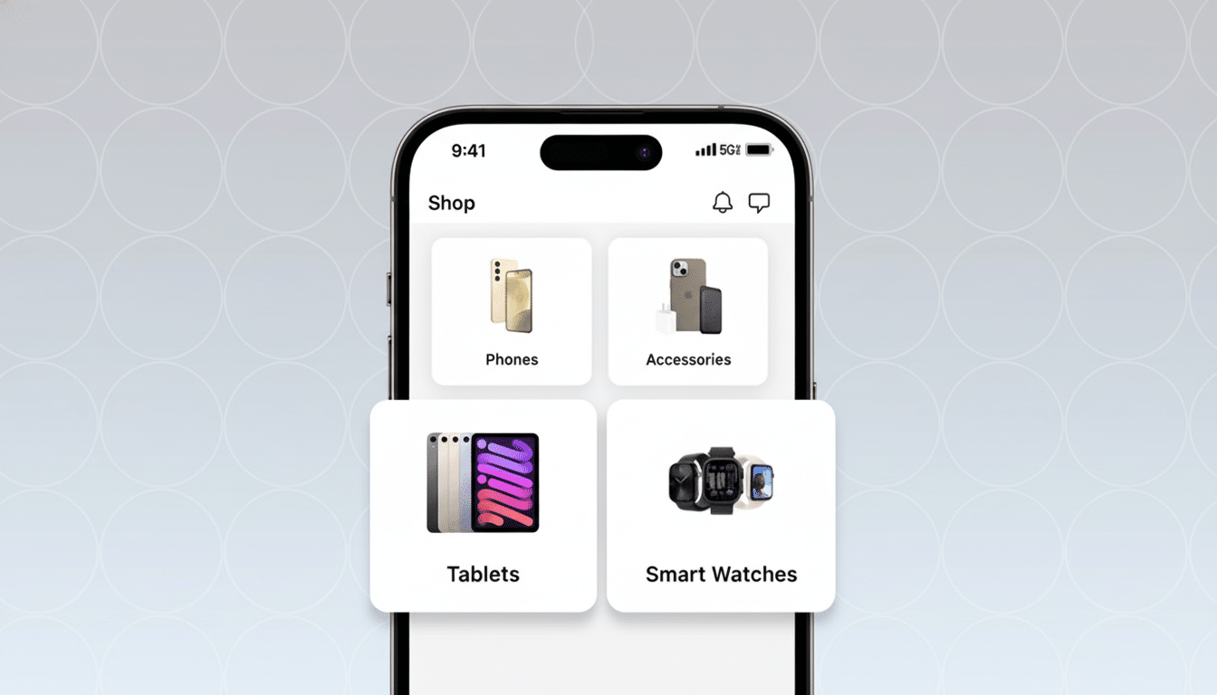 A smartphone screen displaying a shopping app with categories for Phones, Accessories, Tablets, and Smart Watches, set against a professional light blue background with a subtle circular pattern.