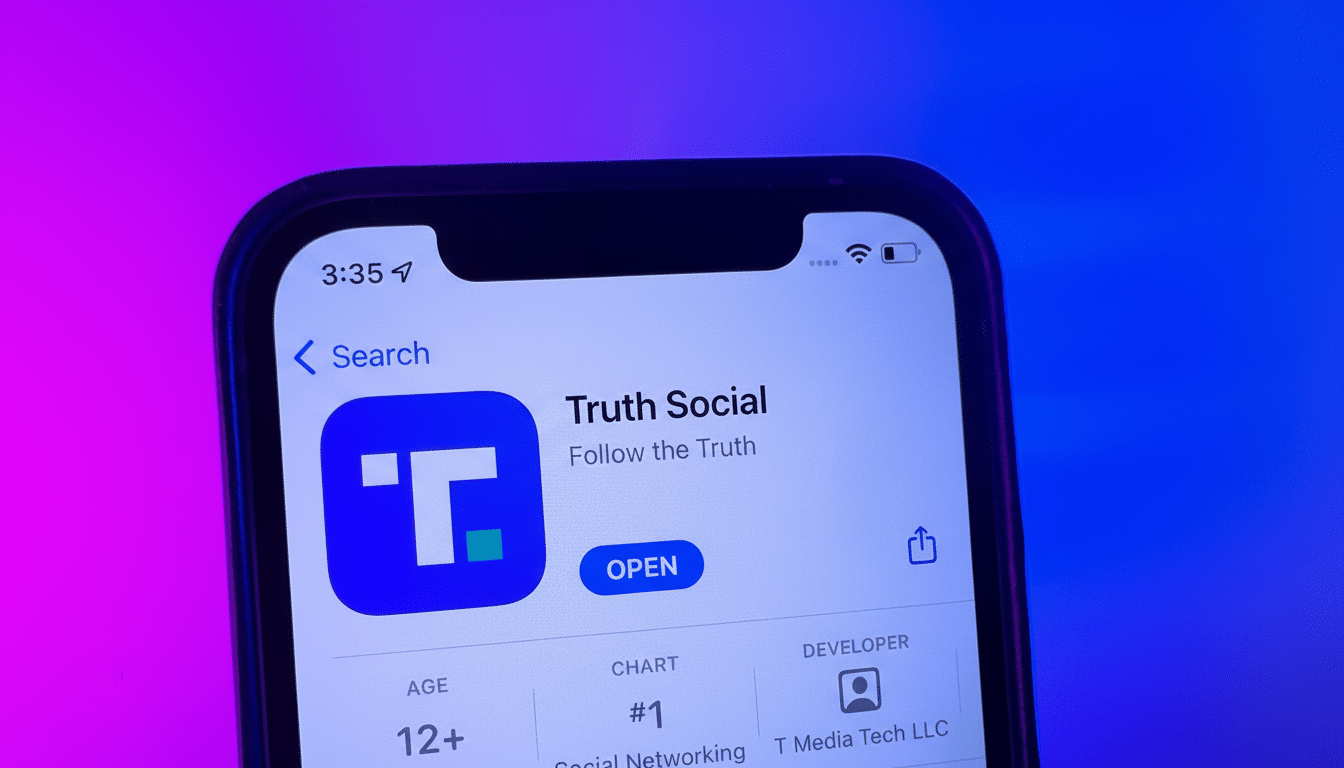 A smartphone screen displaying the Truth Social app page in an app store, with a 16:9 aspect ratio.