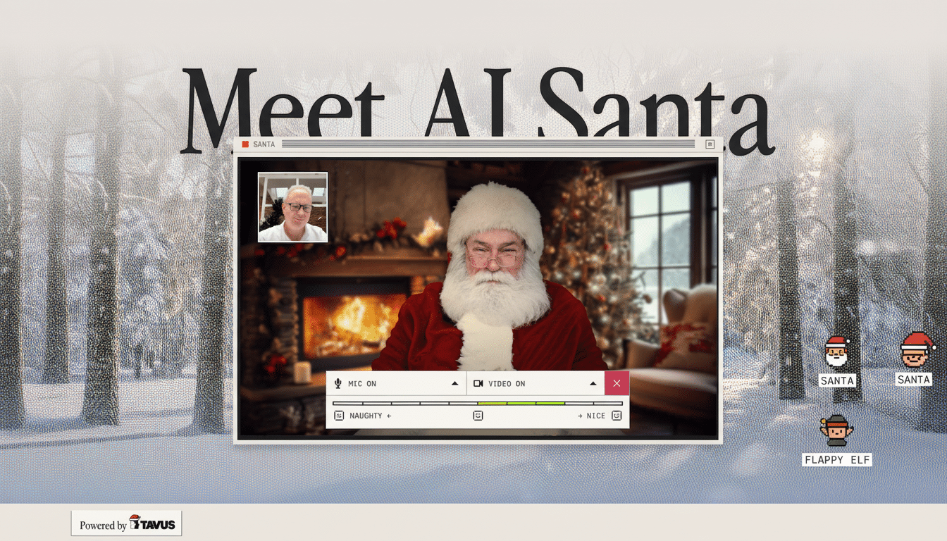 A screenshot of a video call interface with Meet AI Santa written at the top. The main video shows Santa Claus in a festive room with a fireplace, and a smaller inset video shows a man in a white shirt. On the right side, there are pixelated icons of Santa and an elf. The background is a snowy forest.