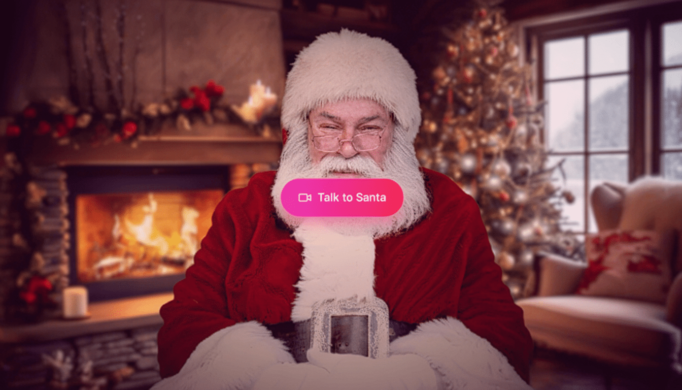 A 16:9 aspect ratio image of Santa Claus in a festive room with a fireplace and Christmas tree, featuring a Talk to Santa button.