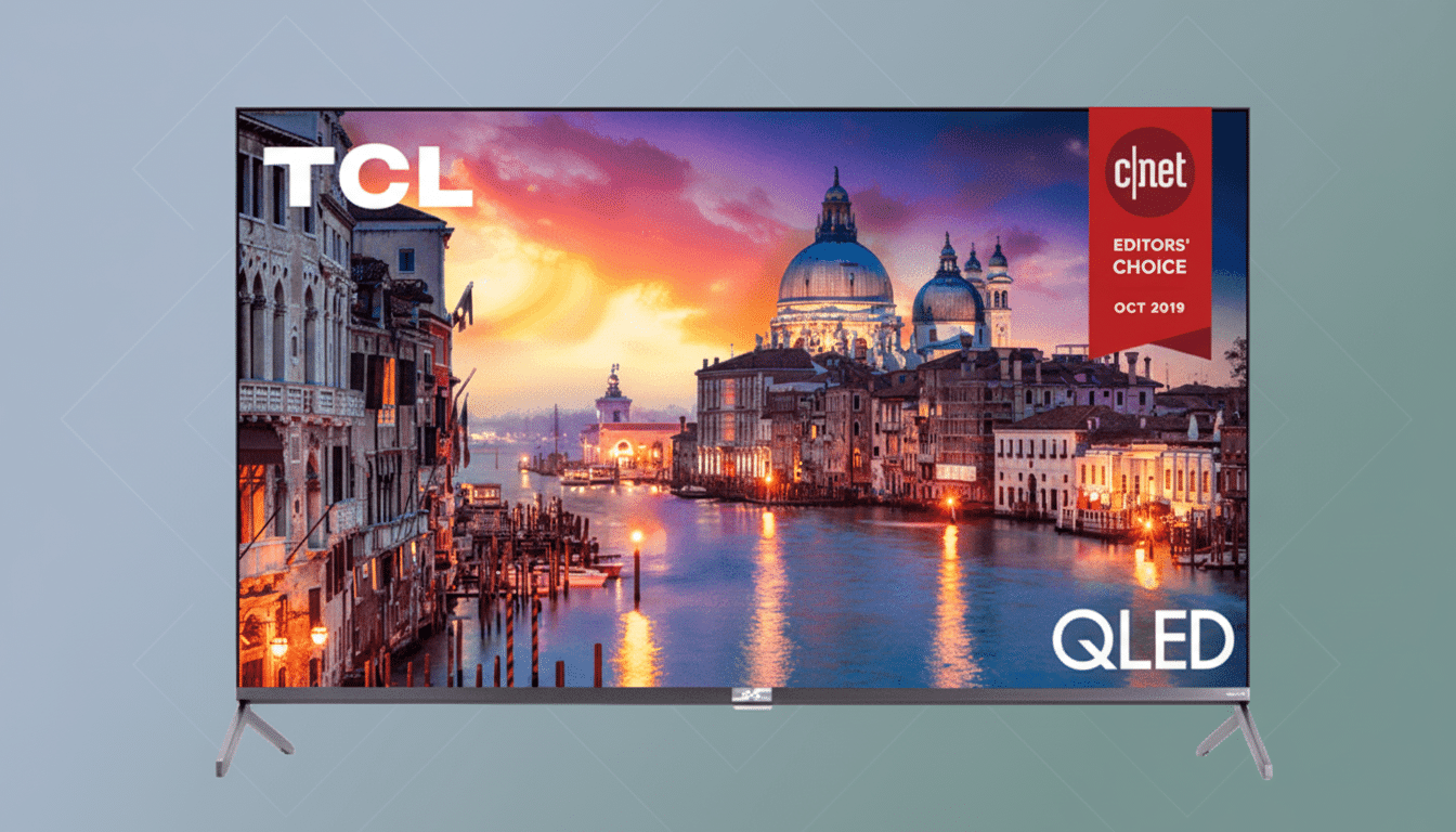 A TCL QLED television displaying a vibrant image of Venice at sunset, with the TCL logo in the top left and c|net EDITORS CHOICE OCT 2019 in the top right, and QLED in the bottom right, all set against a professional flat design background with soft patterns.