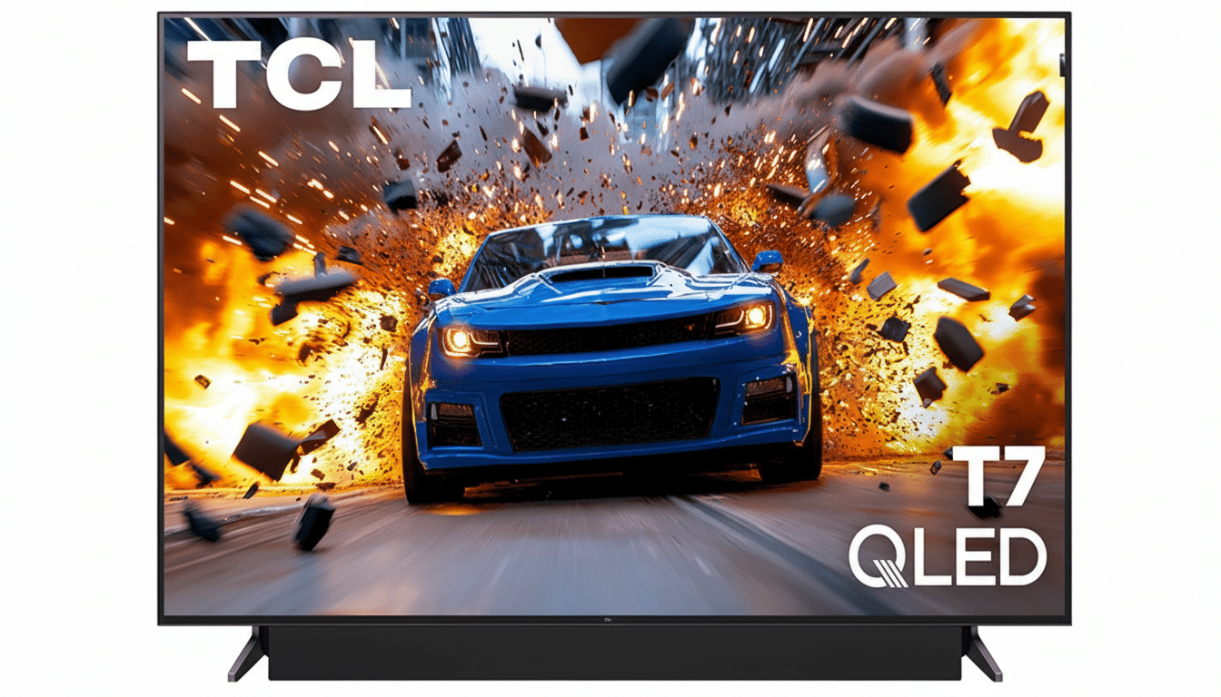 A TCL T7 QLED television displaying a blue sports car driving through an explosion.