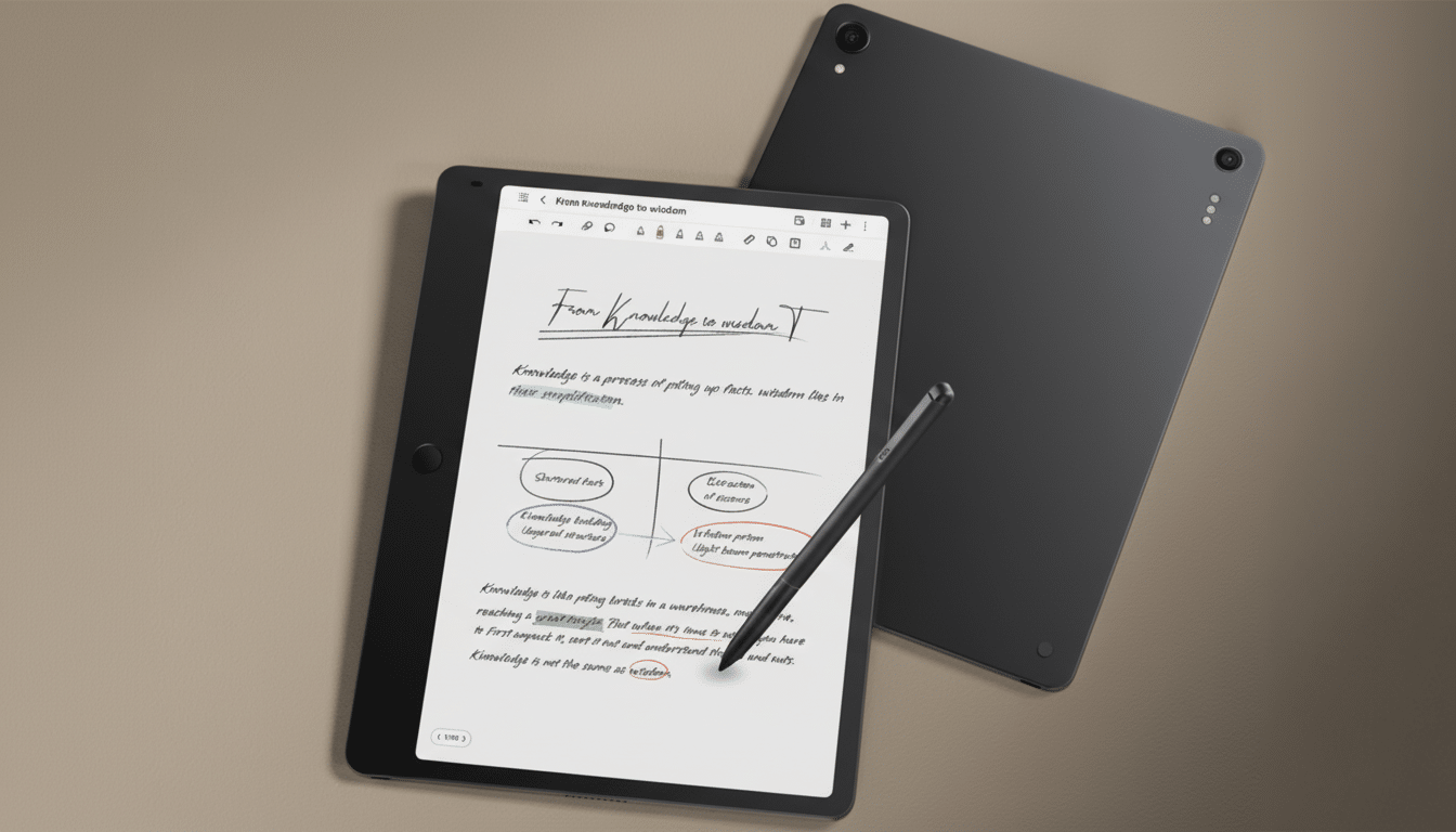 A black tablet with a stylus resting on its screen, displaying handwritten notes and diagrams, with the back of another tablet visible in the background.
