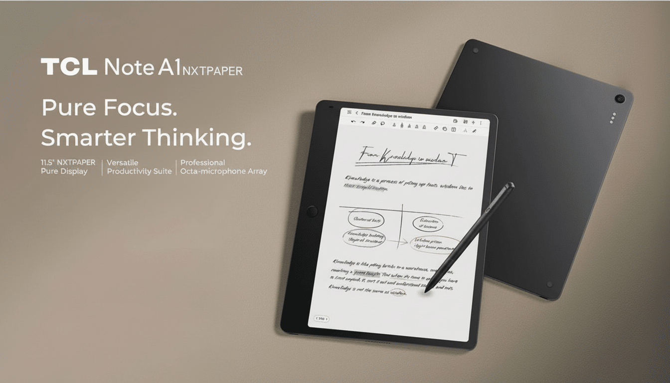 A TCL Note A1 NXTPAPER tablet with a stylus, displaying handwritten notes on its screen, set against a dark background with text promoting Pure Focus. Smarter Thinking.
