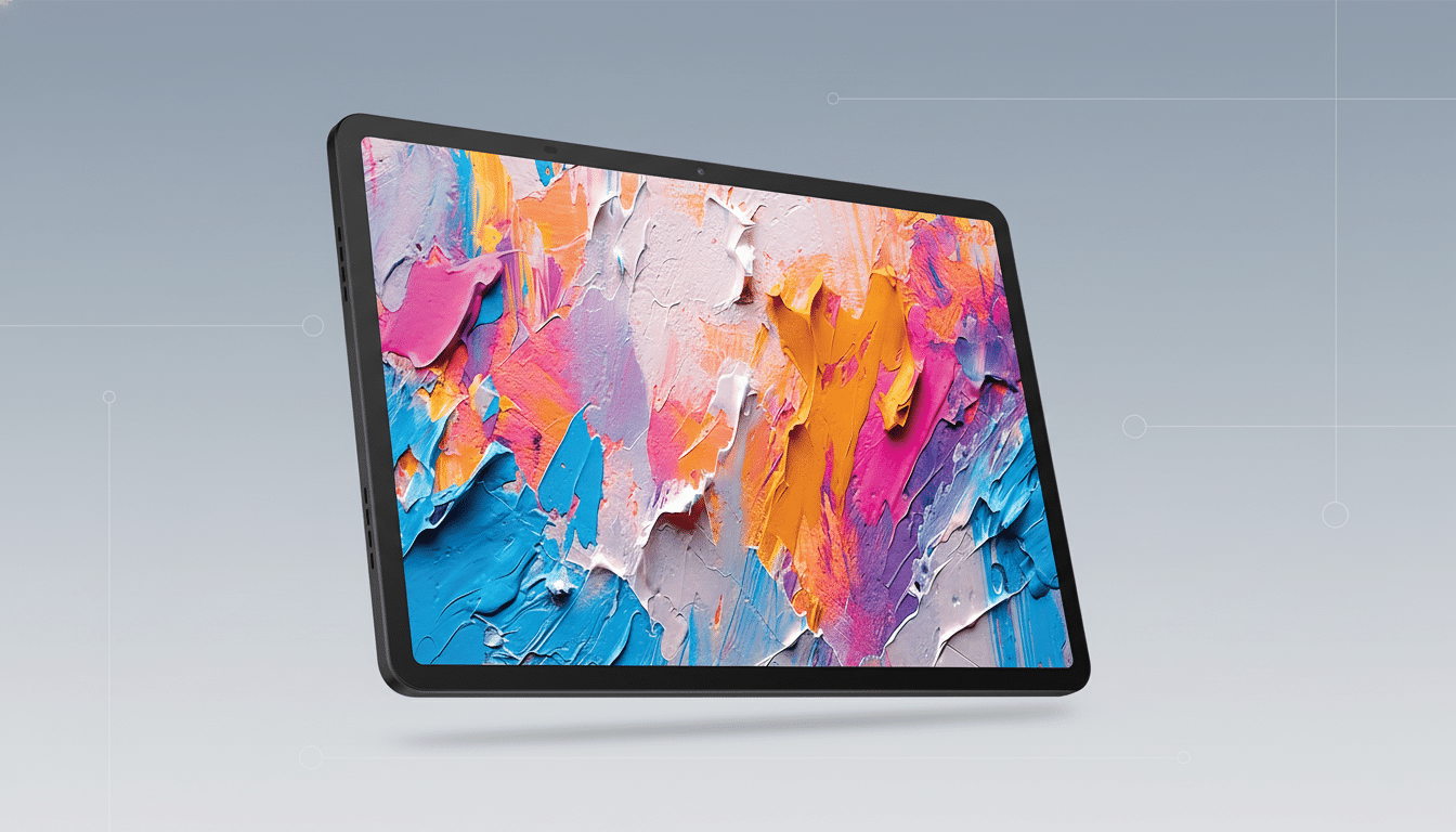 A black tablet with a colorful, textured abstract painting on its screen, set against a professional gray background with subtle geometric patterns.