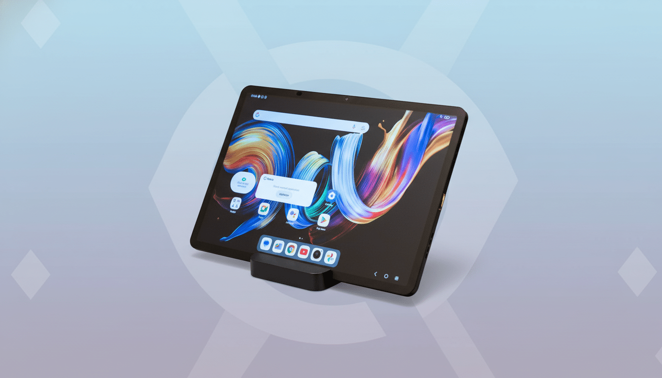 A TCL tablet displayed on a stand, featuring a colorful abstract wallpaper and various app icons on its screen, set against a professional flat design background with soft blue and purple gradients and subtle geometric patterns.