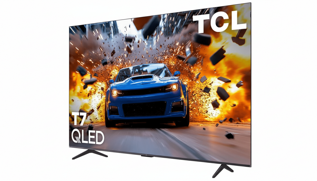 A TCL T7 QLED television displaying a blue sports car in an explosion, resized to a 16:9 aspect ratio.