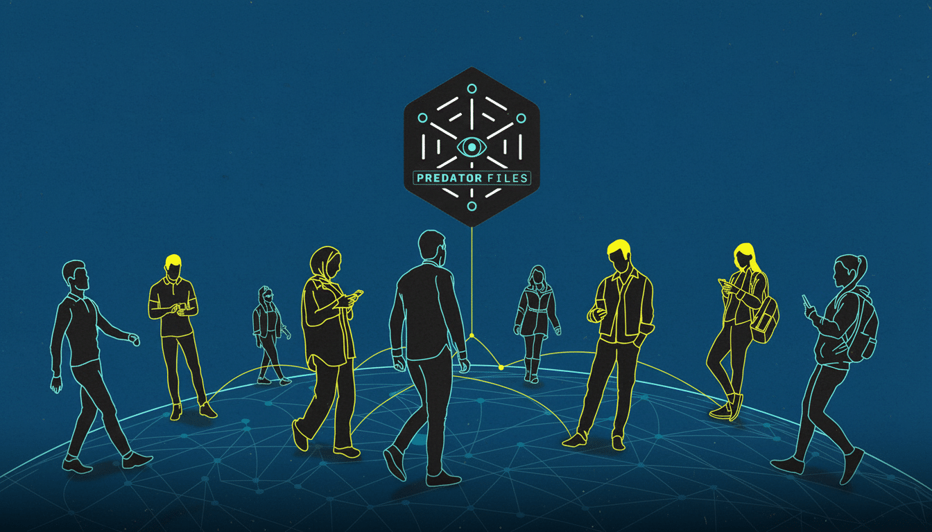 An illustration of people connected by lines on a blue background, with a hexagonal PREDATOR FILES icon at the top.
