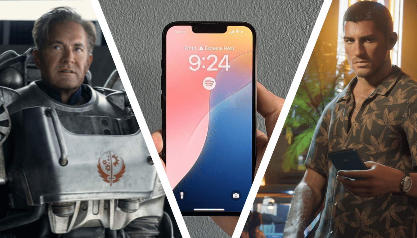 A split image featuring three distinct scenes. On the left, a man in power armor from Fallout. In the center, a hand holding an iPhone displaying the lock screen with a time and weather widget. On the right, a man in a Hawaiian shirt holding a smartphone.