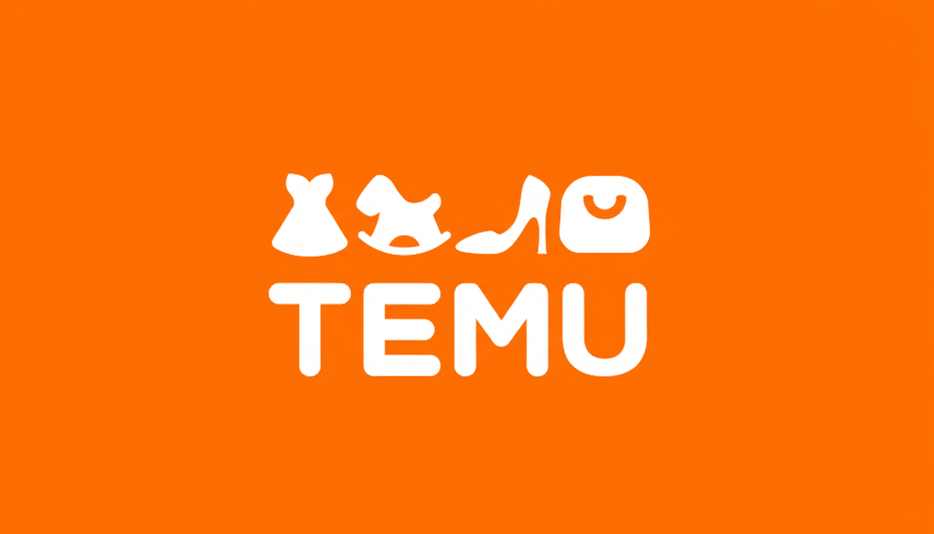 The Temu logo, featuring white icons of a dress, a rocking horse, a high-heeled shoe, and a handbag above the word TEMU in white, all set against a vibrant orange background. The image has been resized to a 16:9 aspect ratio.