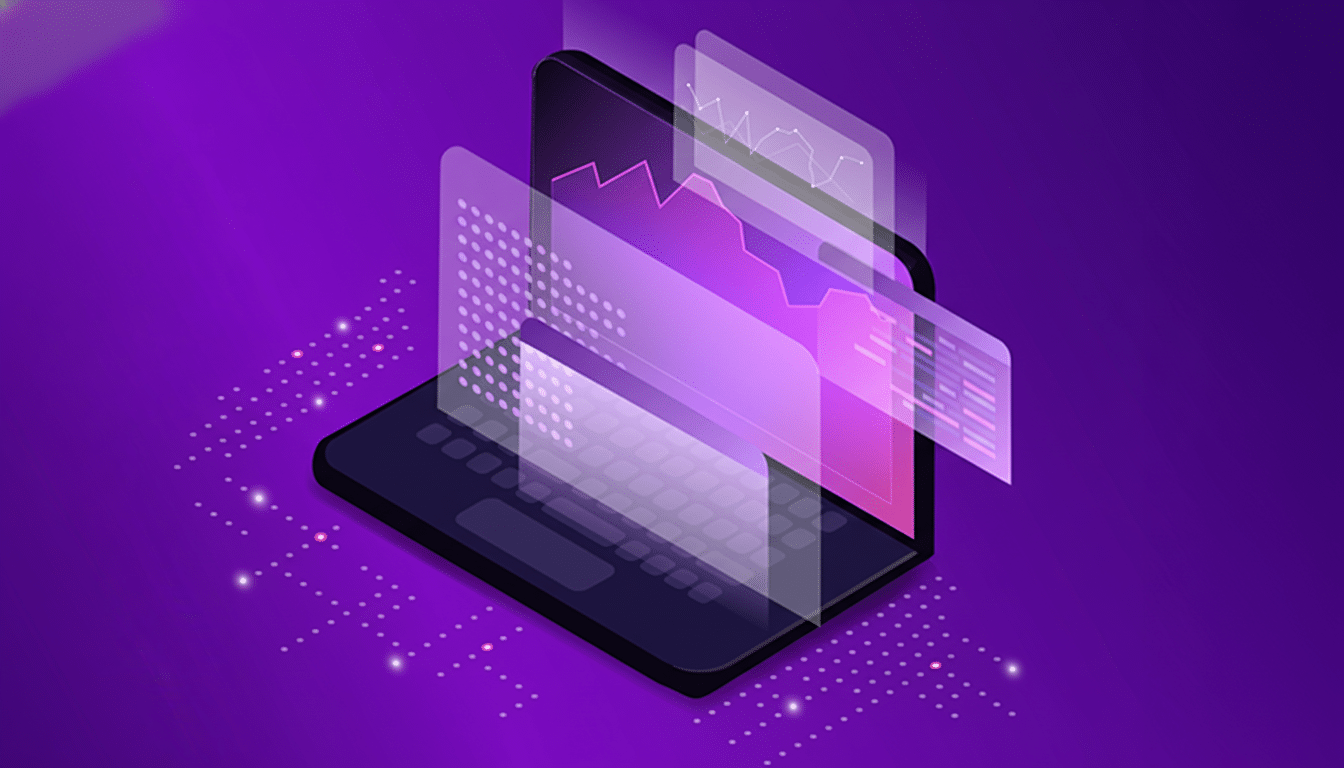 An isometric illustration of a laptop displaying various data visualizations and charts in a professional, clean design with a purple background.