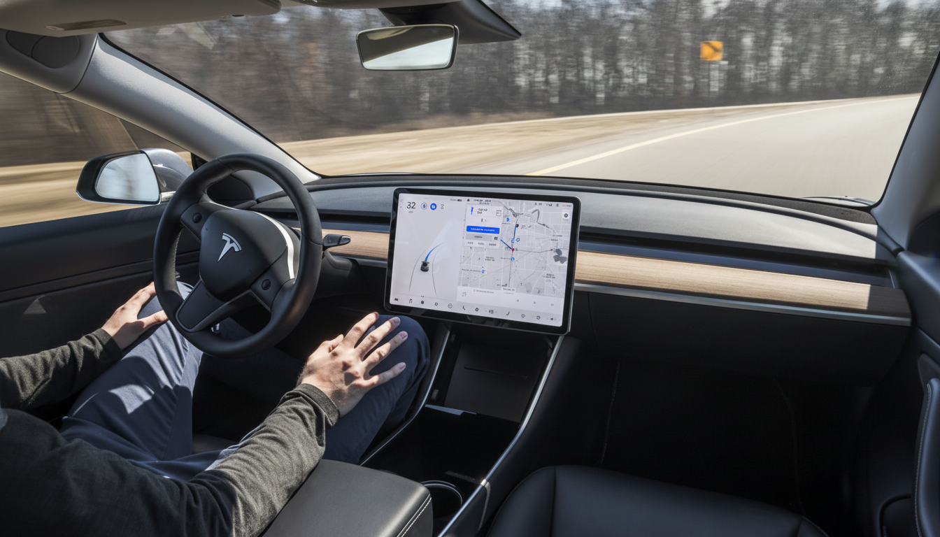 A person driving a Tesla Model 3 on a highway, with hands on the steering wheel and a large central touchscreen displaying navigation.