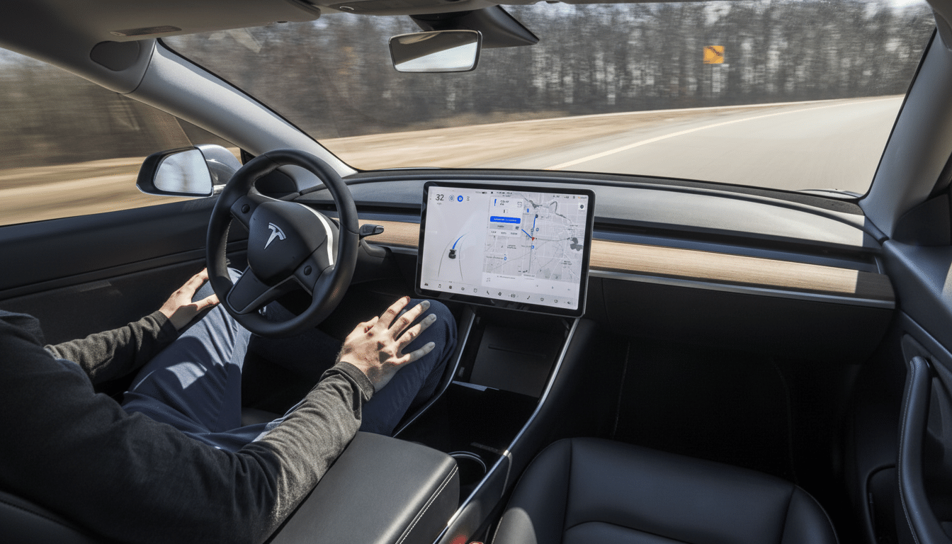 A person driving a Tesla Model 3 on a highway, with the cars interior and central touchscreen display visible.