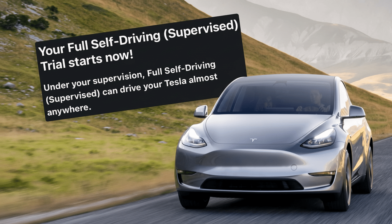 A Tesla Model Y driving on a winding road with mountains in the background, overlaid with a black text box announcing Your Full Self-Driving (Supervised) Trial starts now!