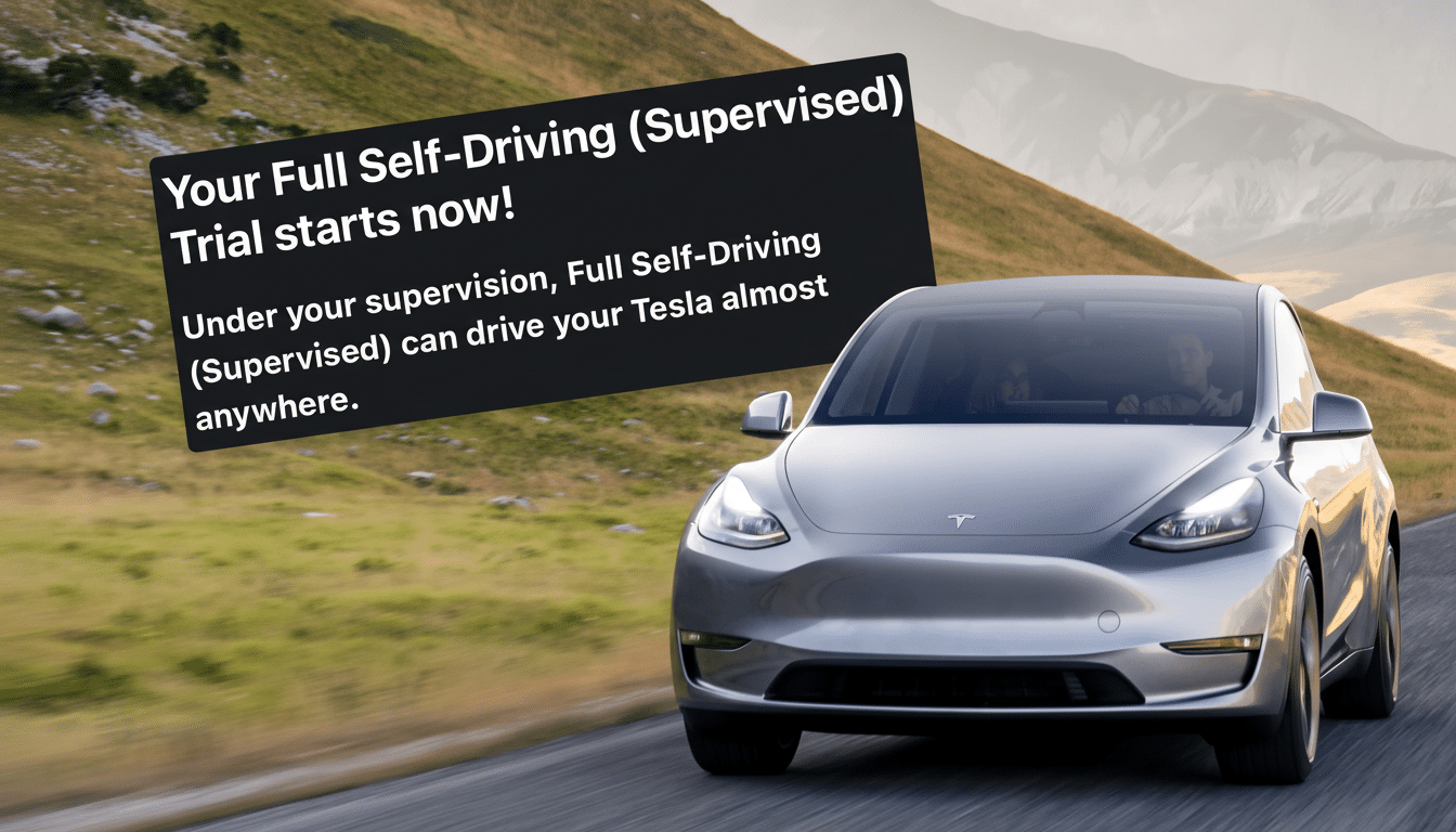 A Tesla car driving on a road with a black text box overlaying the image that reads Your Full Self-Driving (Supervised) Trial starts now! Under your supervision, Full Self-Driving (Supervised) can drive your Tesla almost anywhere.
