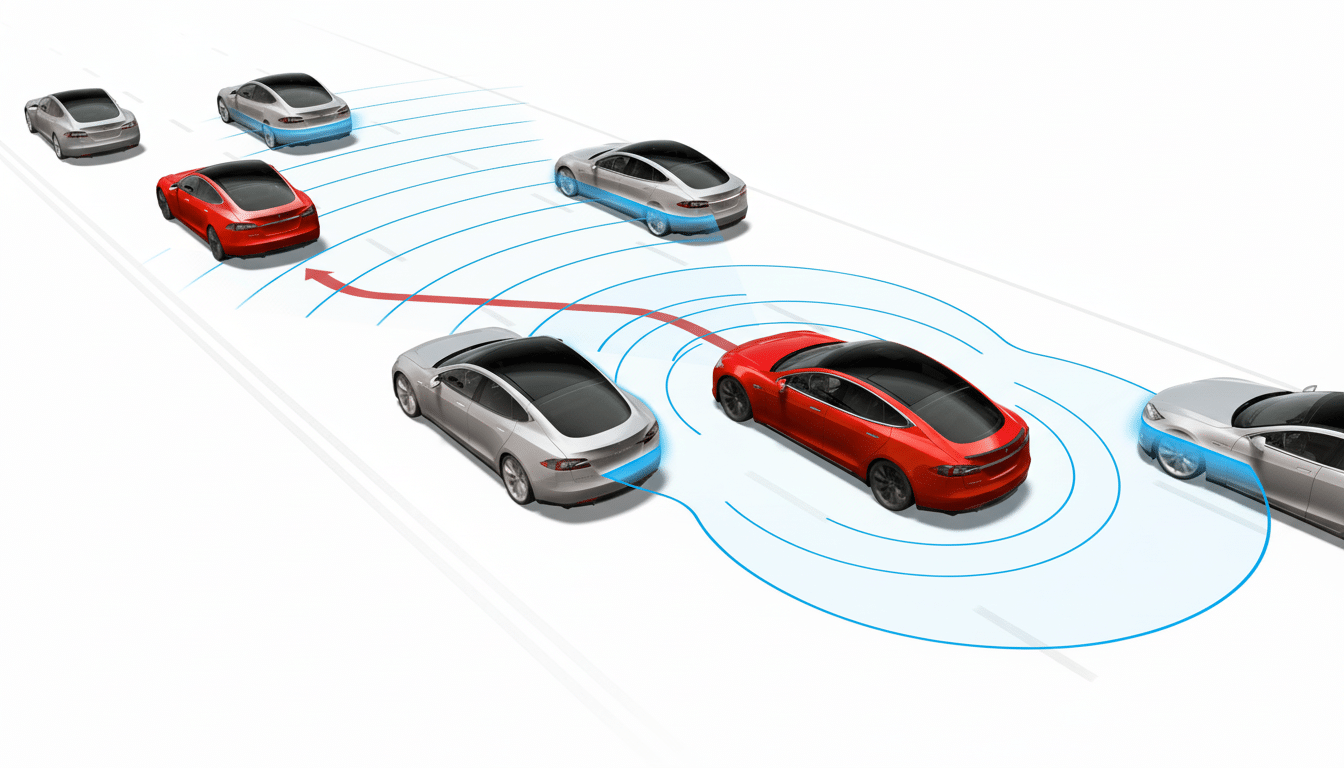 An illustration of multiple Tesla cars on a road, with one red car in the foreground demonstrating an autonomous driving system with blue lines indicating its sensing range and a red arrow showing a lane change maneuver.