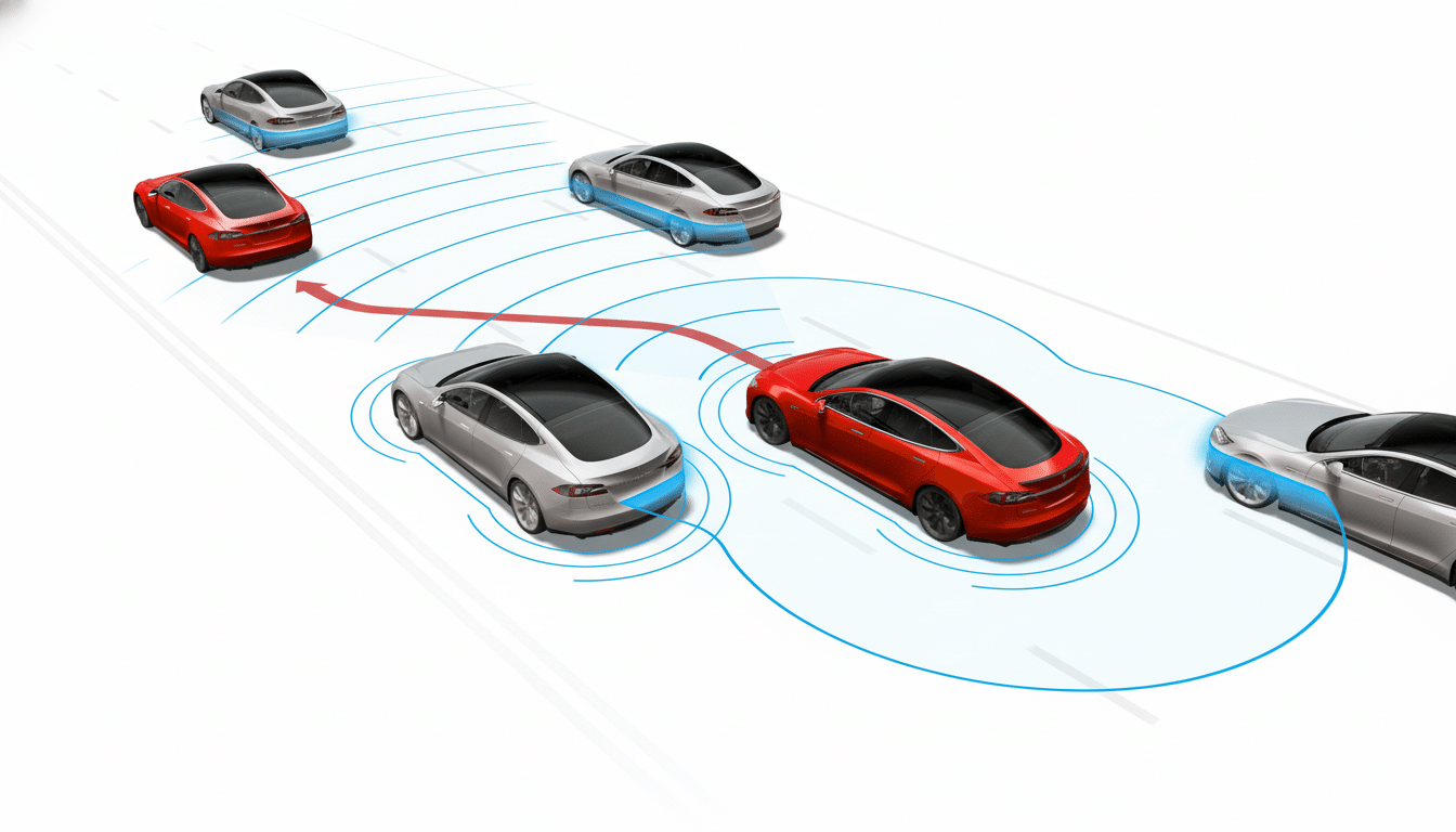 An illustration of multiple Tesla cars on a road, with one red car in the foreground demonstrating autonomous driving features, indicated by blue lines and a red arrow showing a lane change.