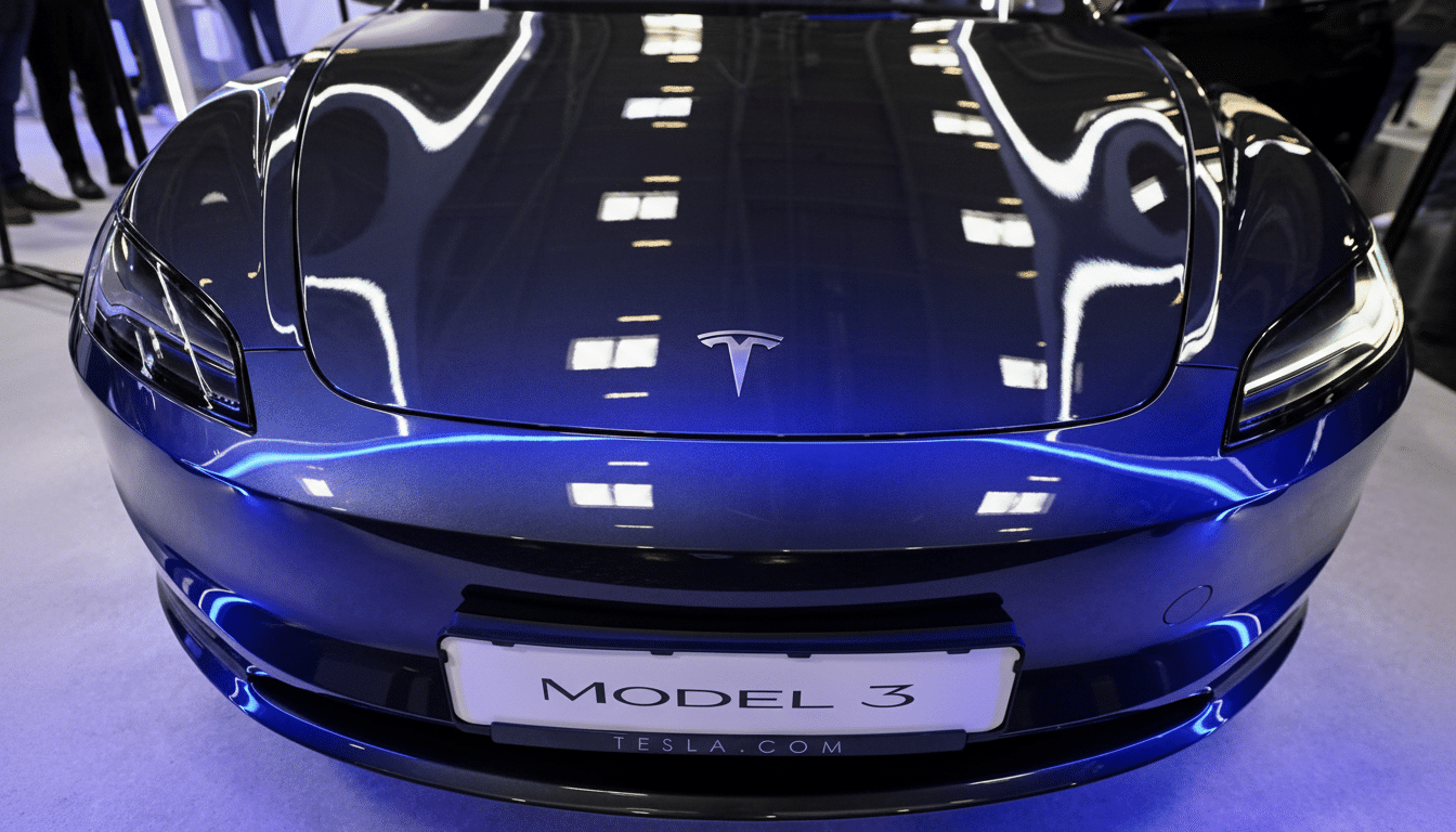 A close-up, front view of a dark blue Tesla Model 3, showcasing its sleek design and the Tesla logo on the hood, with reflections of overhead lights on its glossy surface.