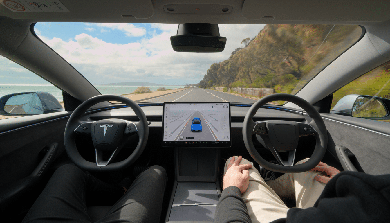 A 16:9 aspect ratio image of a person driving a Tesla on a coastal road, with the cars interior and the road ahead visible.