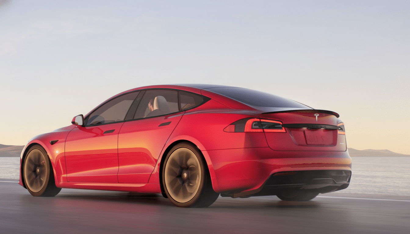 A red Tesla Model S Plaid driving along a coastal road at sunset, resized to a 16:9 aspect ratio.