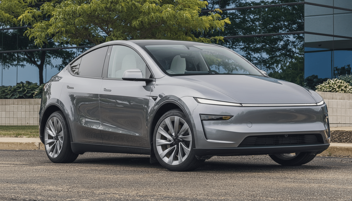 A gray electric car parked on asphalt with a building and trees in the background.