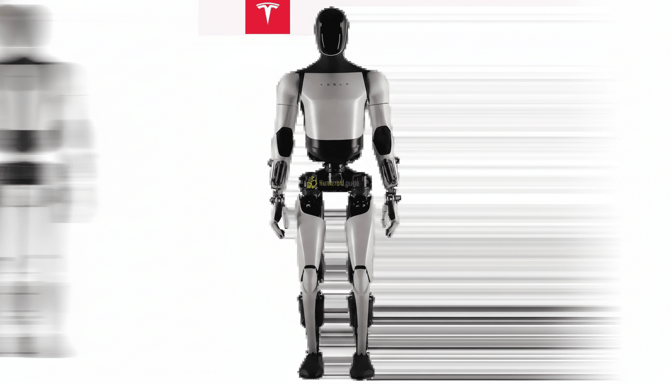 A Tesla Bot (Optimus) humanoid robot standing upright, with the Tesla logo in the top left corner, presented on a clean white background with a 16:9 aspect ratio.