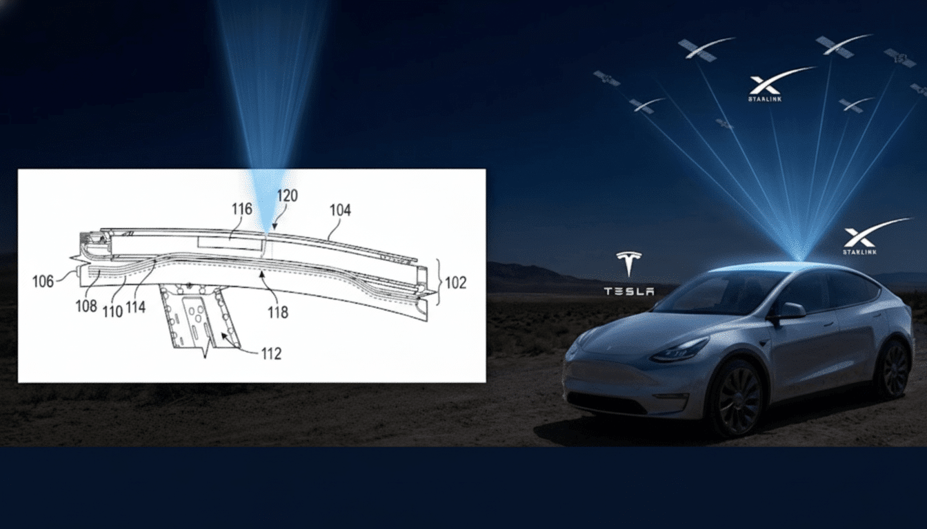 An image showing a Tesla car receiving a signal from Starlink satellites, with a patent diagram of a component.