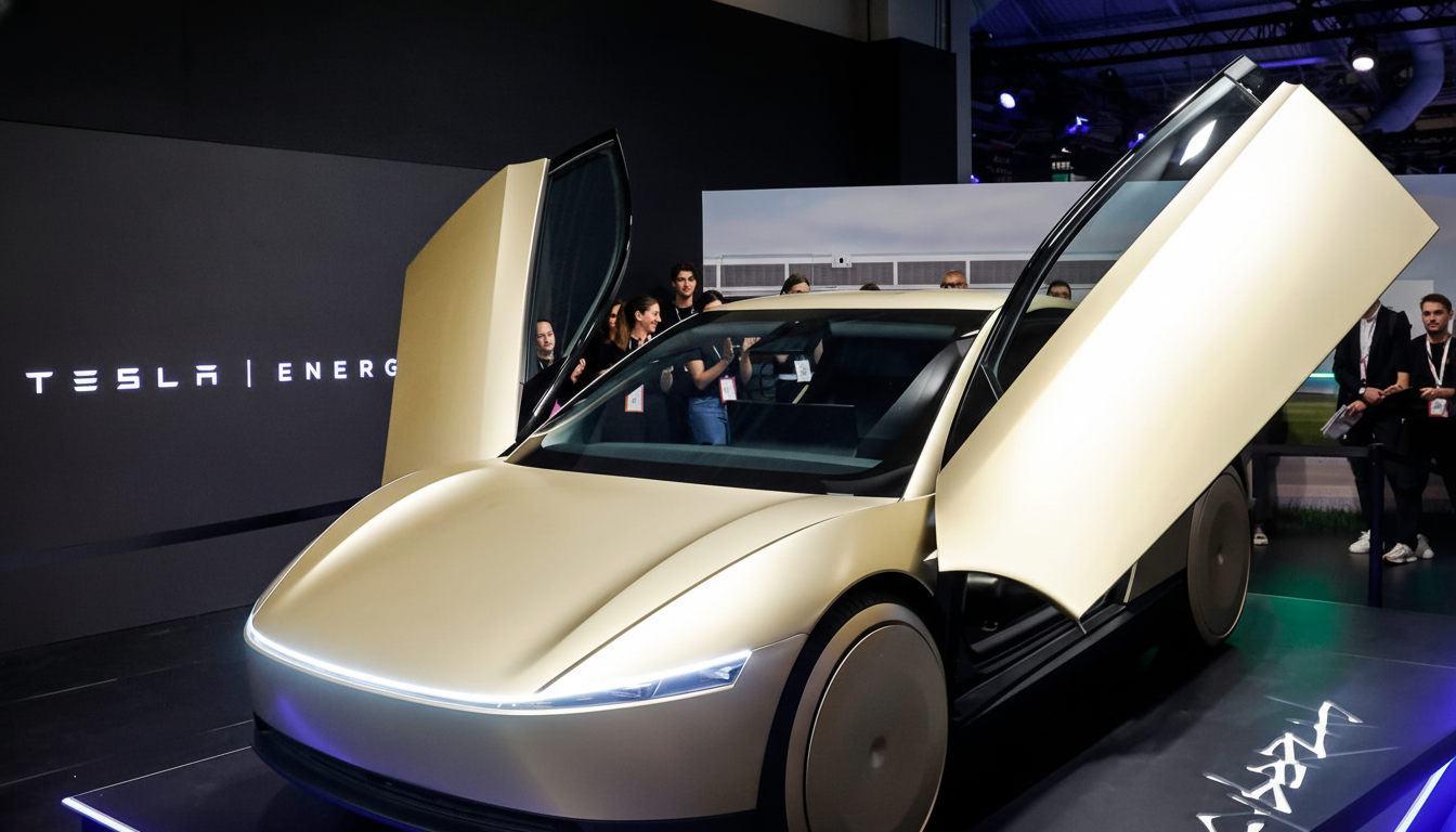 A gold Tesla Cybertruck with its doors open, on display at an event.
