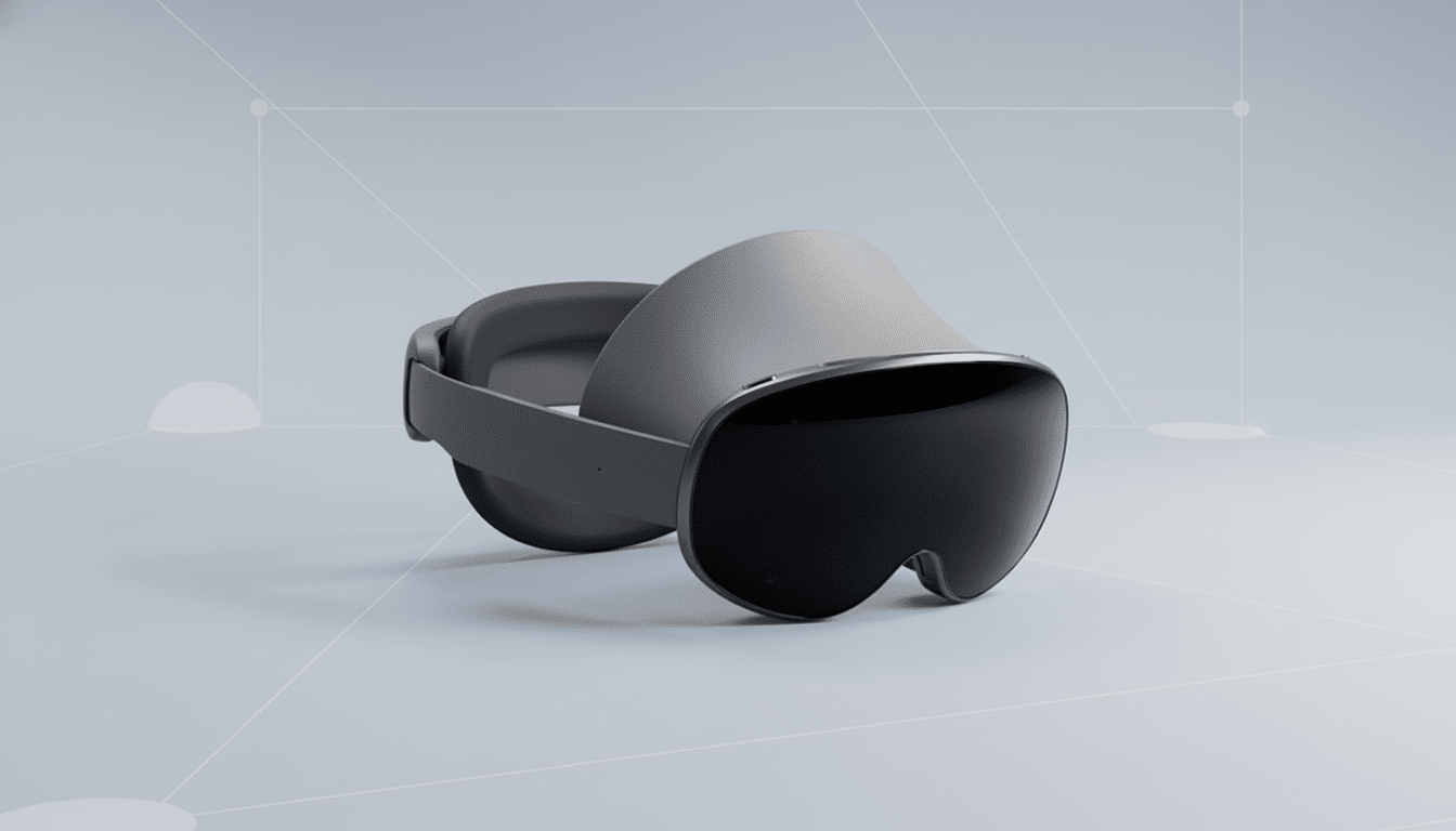 A sleek, gray virtual reality headset with dark lenses, presented on a professional light gray background with subtle geometric patterns, resized to a 16:9 aspect ratio.