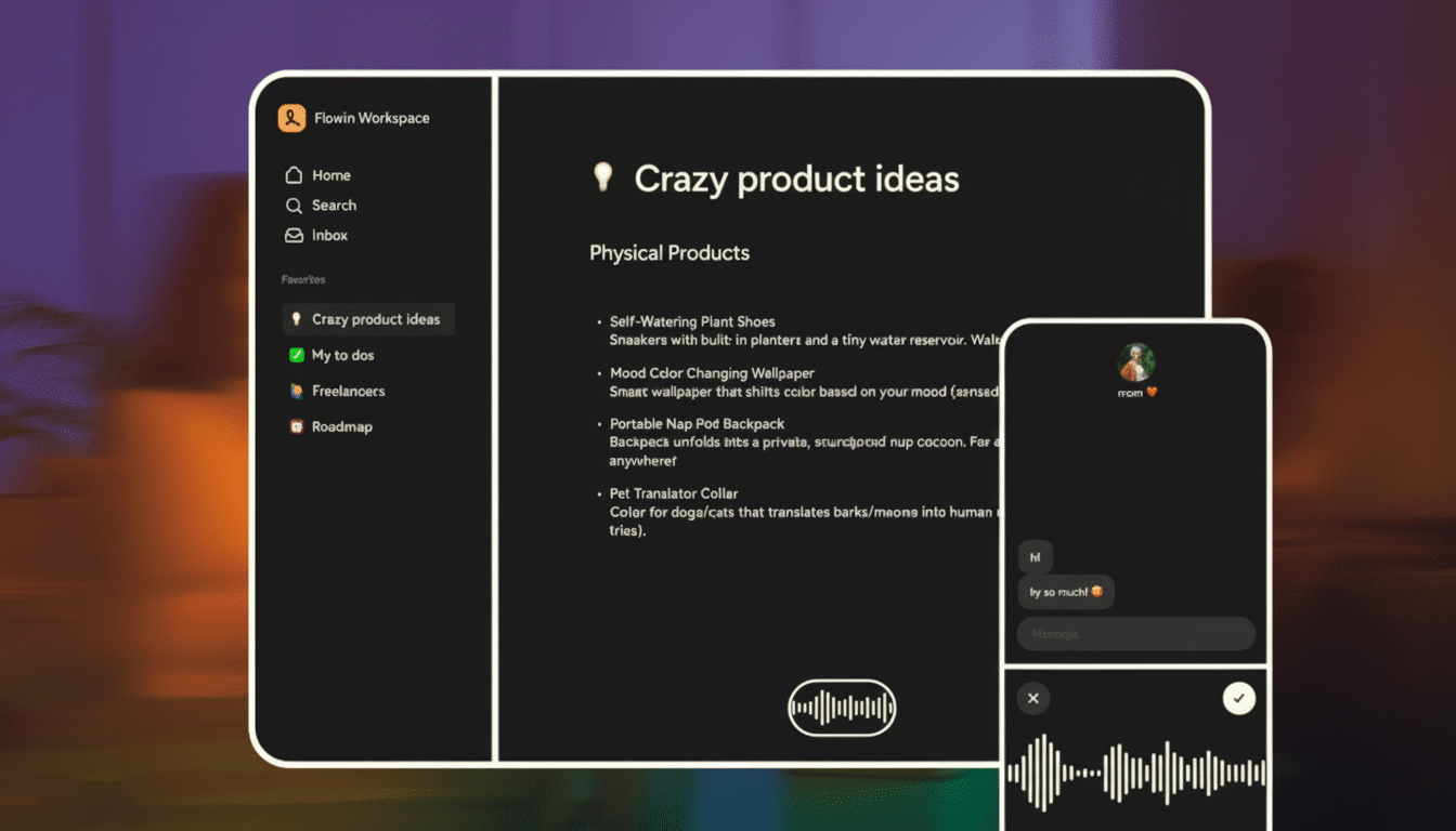 A professional, enhanced image of a digital workspace interface and a mobile chat interface, both displaying dark mode themes. The workspace shows a Crazy product ideas list, and the chat shows a conversation with mom. The image is resized to a 16:9 aspect ratio, maintaining the original background.