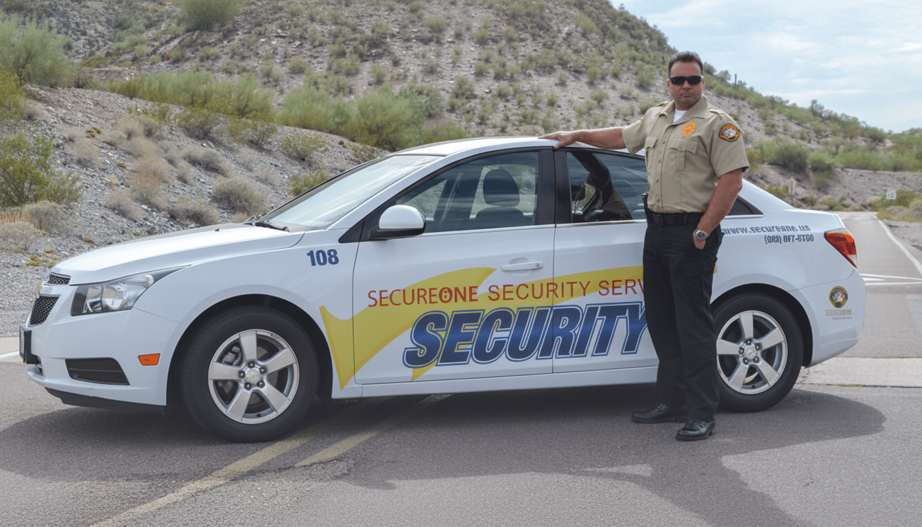 A security guard in uniform stands next to a white SecureOne Security Services car with SECURITY written on its side, parked on an asphalt road with a desert landscape in the background.