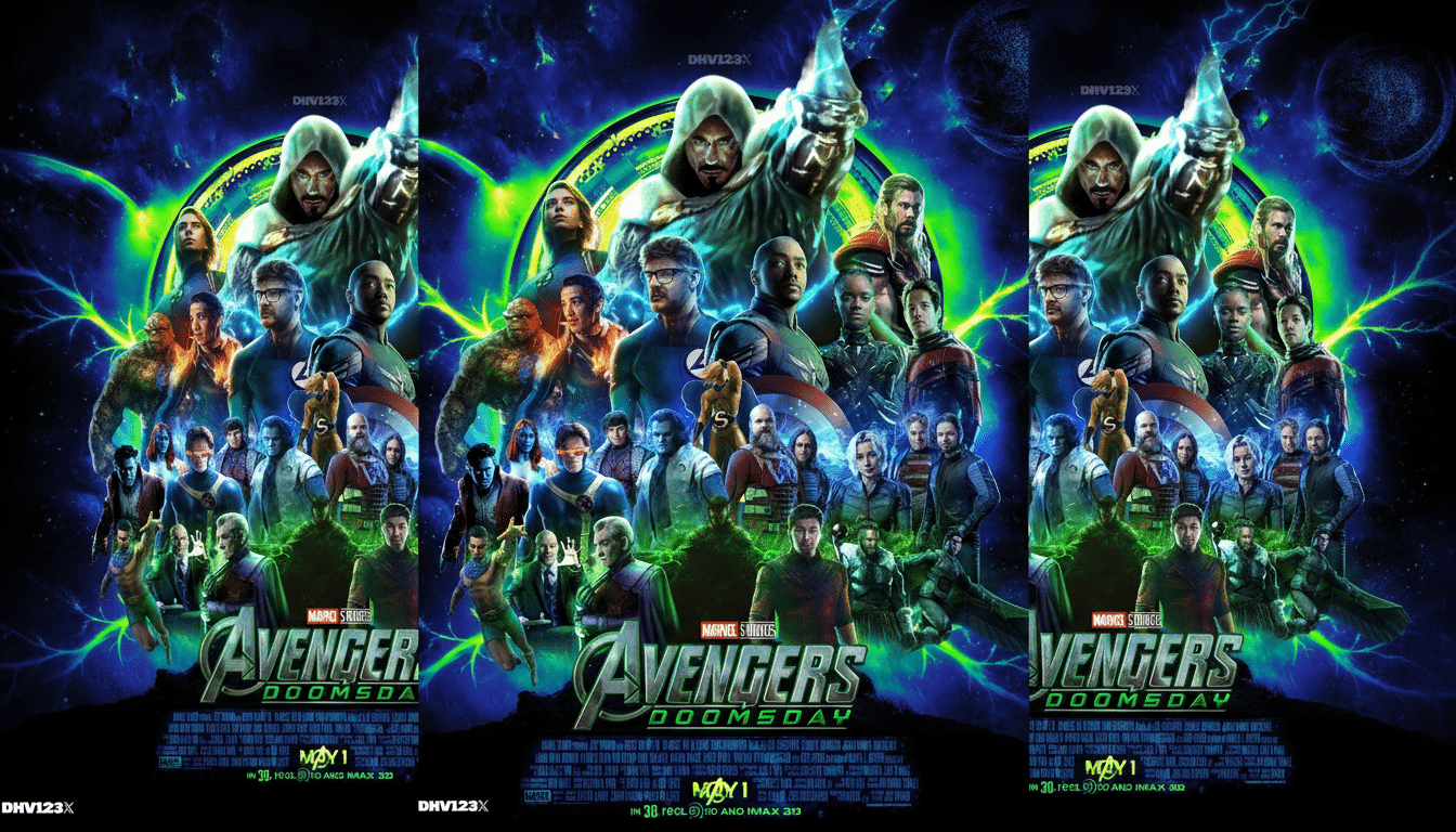 A movie poster for Avengers: Doomsday featuring a large ensemble of Marvel characters, including Doctor Doom at the top, surrounded by a glowing green and blue energy field.