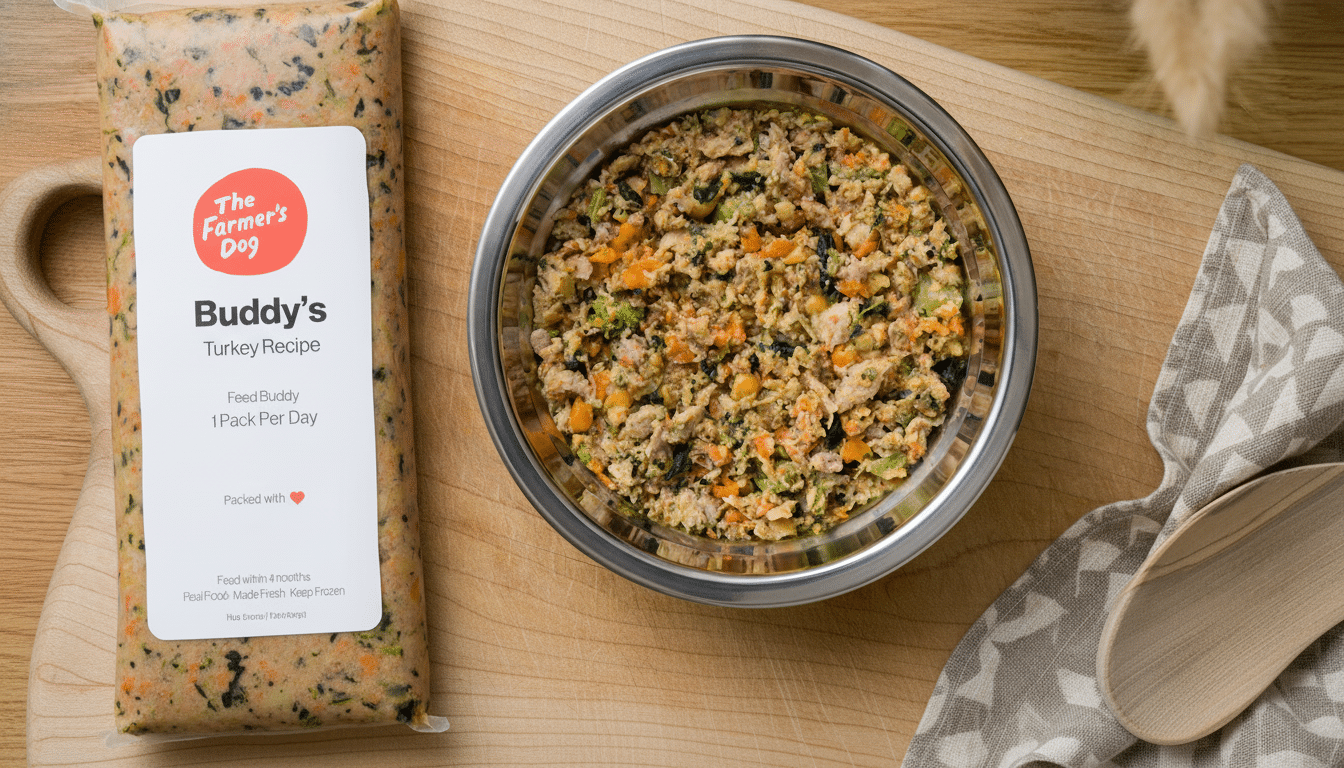 A 16:9 aspect ratio image of a package of The Farmers Dog Buddys Turkey Recipe next to a bowl of the food, on a wooden cutting board with a patterned cloth and wooden spoons.