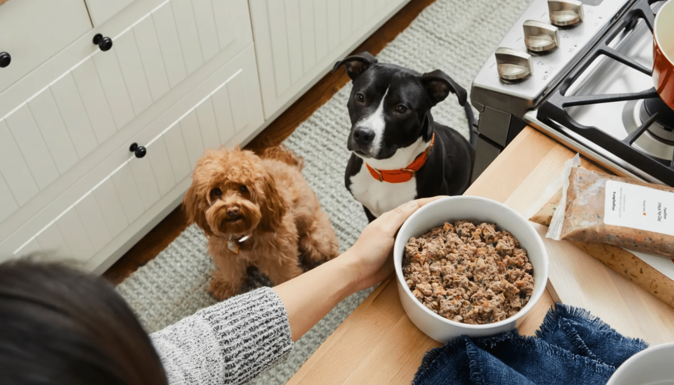 A person holding a bowl of dog food, with two dogs looking up expectantly in a kitchen setting.