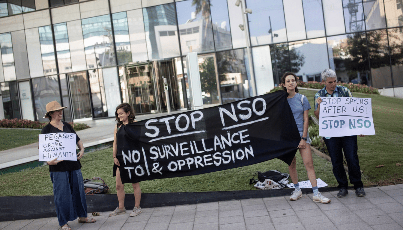 A group of people protesting with signs and a banner that reads STOP NSO NO SURVEILLANCE TO & OPPRESSION in front of a modern building.