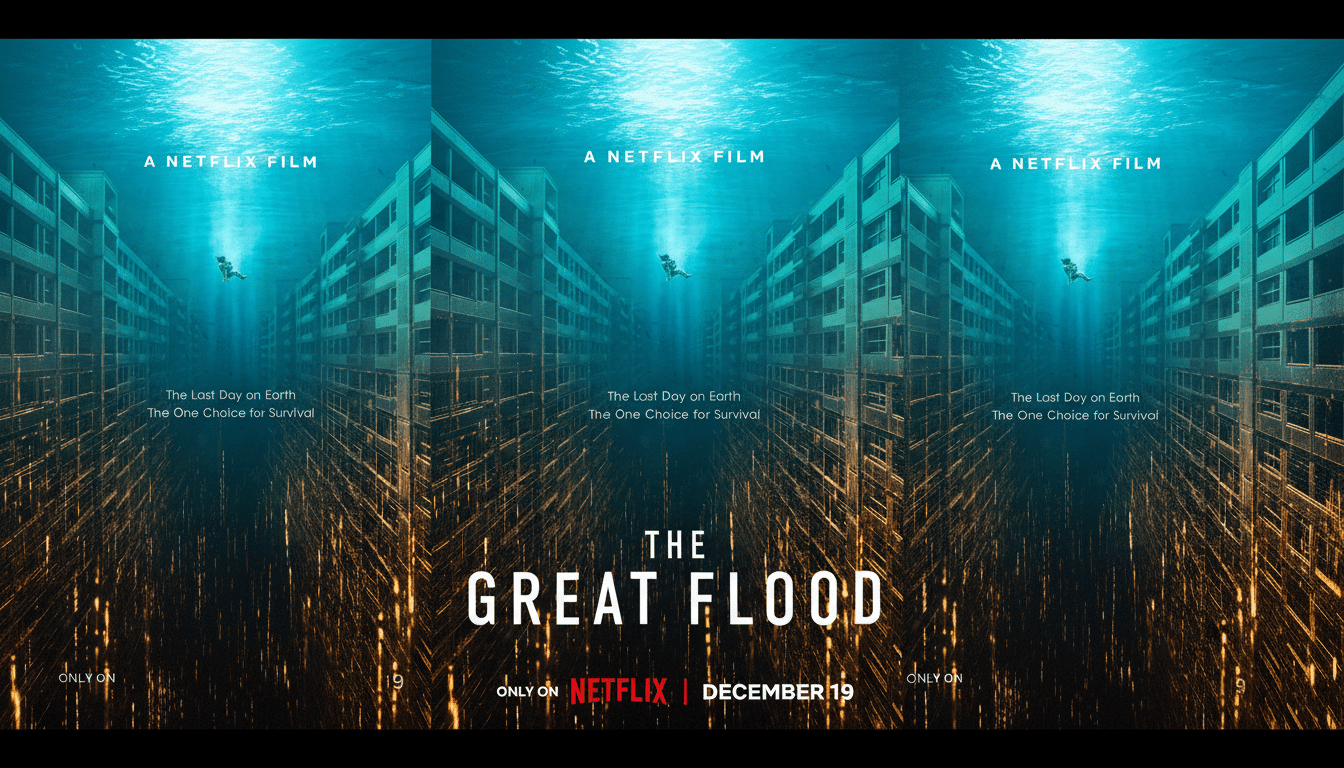 A movie poster for The Great Flood on Netflix, featuring a person swimming underwater between two submerged buildings, with light rays piercing the water. The bottom half of the poster shows the title and release information against a dark, reflective surface.